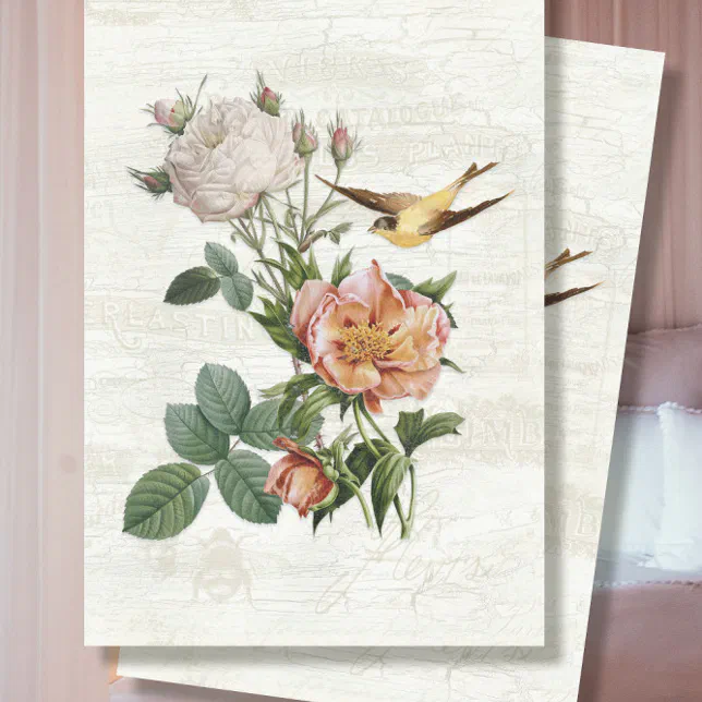Vintage Flowers Birds Botanical Ephemera Decoupage Tissue Paper | Zazzle