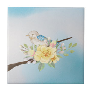 Vintage Flowers & Birds Light Blue Ceramic Tile