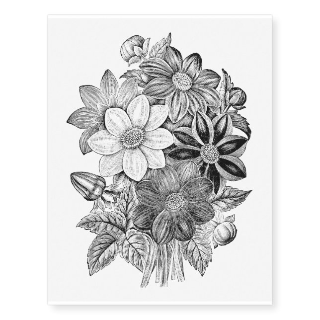 Vintage Flowers Black White Print Temporary Tattoos (Front)