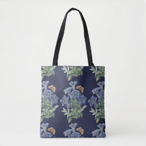 Vintage Flowers Blue Butterfly Gentiana Acaulis Tote Bag