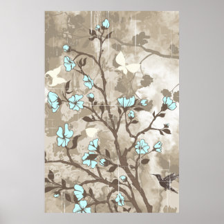 Vintage flowers blue, taupe floral grunge custom poster