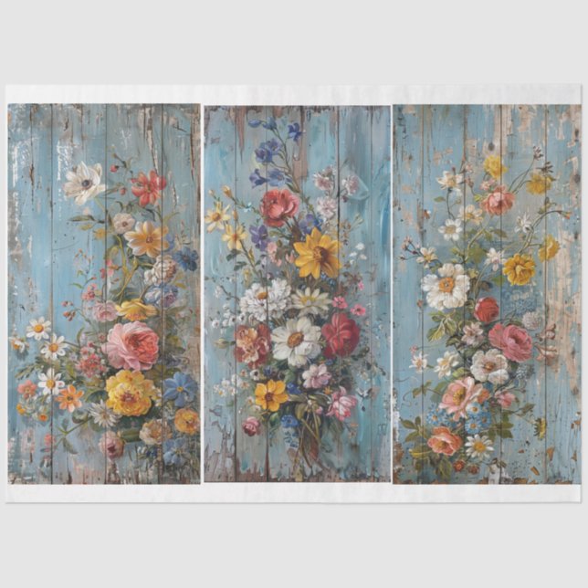 Vintage Flowers Blue Worn Background Tissue Paper (Front)