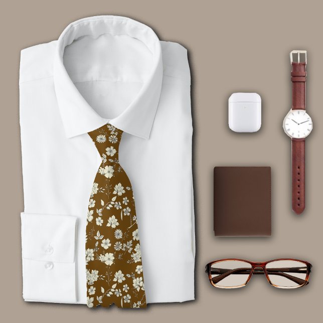 Vintage Flowers Brown Personalize Initial Neck Tie (Creator Uploaded)