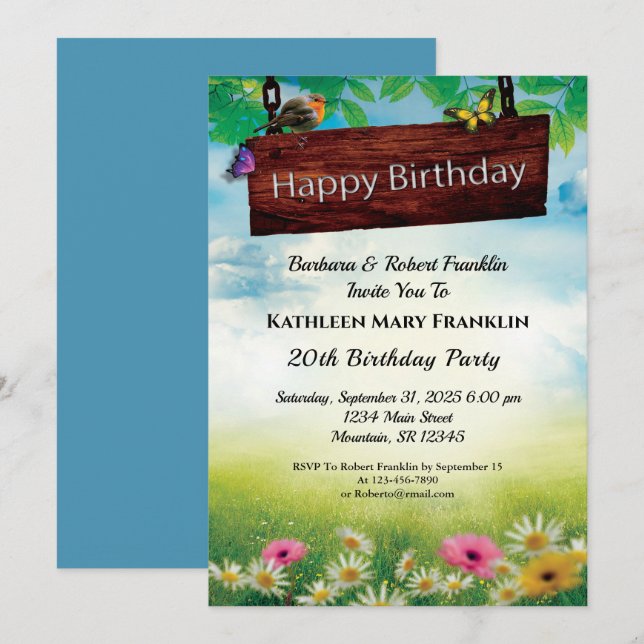 Vintage Flowers Butterflies Birthday Party Invitation (Front/Back)