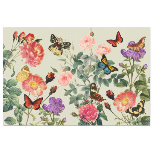 Vintage Flowers &amp; Butterflies, Decoupage, Pewter Tissue Paper