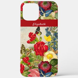 Vintage Flowers Butterflies Floral Garden Add Name Case-Mate iPhone Case by Sandyspider
