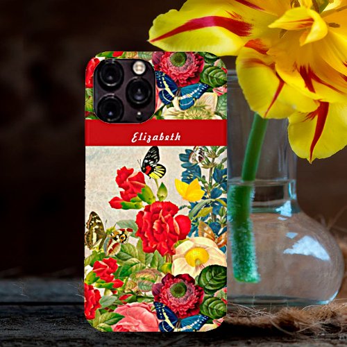 Vintage Flowers Butterflies Floral Garden Add Name iPhone 15 Case