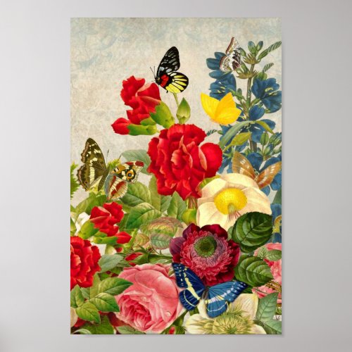 Vintage FlowersButterflies Illustration Poster