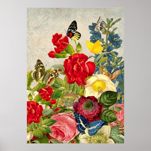 Vintage Flowers  Butterflies Value Poster Paper