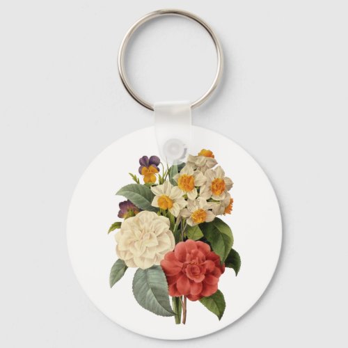 Vintage Flowers Camellias and Narcissus Redoute Keychain