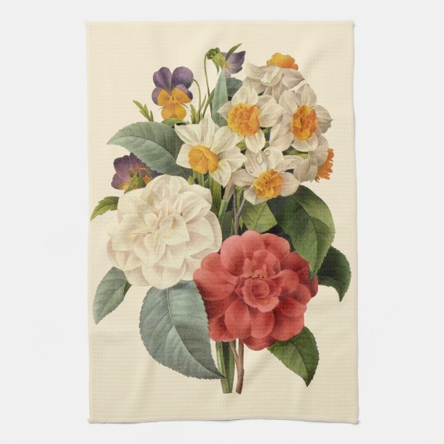 Vintage Flowers, Camellias and Narcissus, Redoute Kitchen Towel (Vertical)