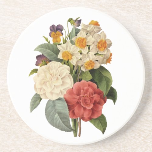 Vintage Flowers Camellias and Narcissus Redoute Sandstone Coaster