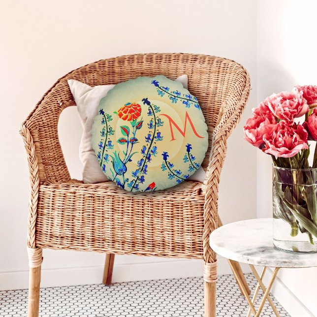 Vintage Flowers Carnation Tulips Monogrammed   Round Pillow (Creator Uploaded)