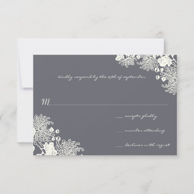 Vintage Flowers Chacoal Gray Wedding RSVP Card (Front)