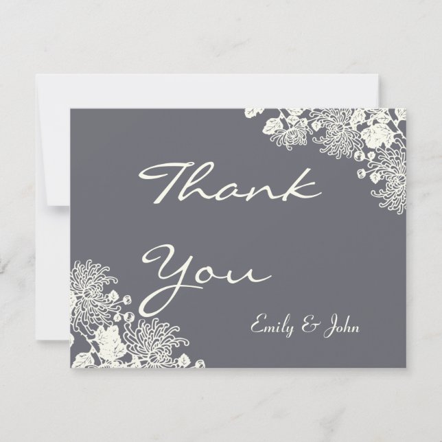 Vintage Flowers Chacoal Gray Wedding Thank You Card (Front)