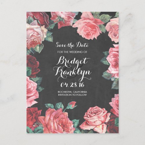 vintage flowers chalkboard save the date announcement postcard