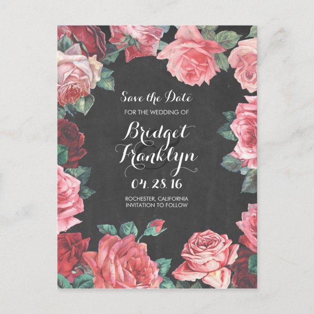 vintage flowers chalkboard save the date announcement postcard (Front)