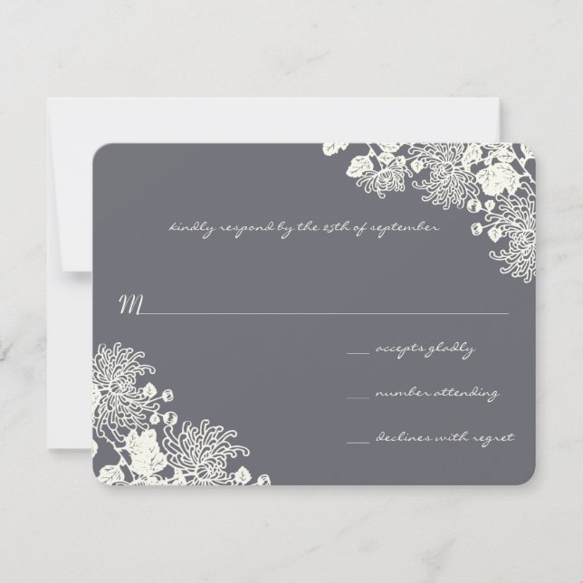 Vintage Flowers Charcoal Gray Wedding RSVP (Front)