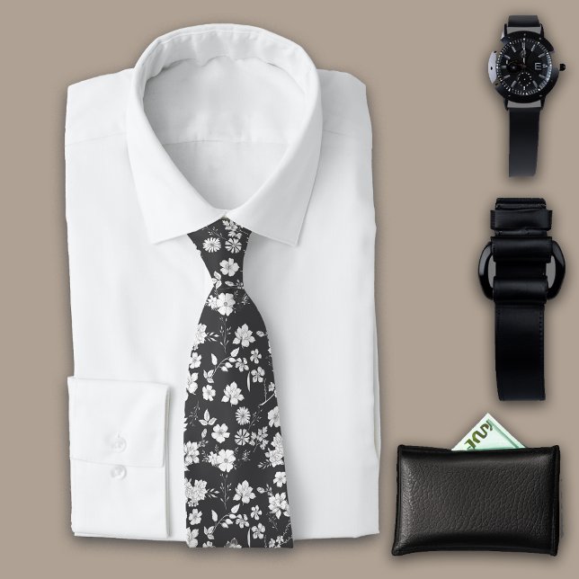 Vintage Flowers Charcoal Personalize Initial Neck Tie (Creator Uploaded)