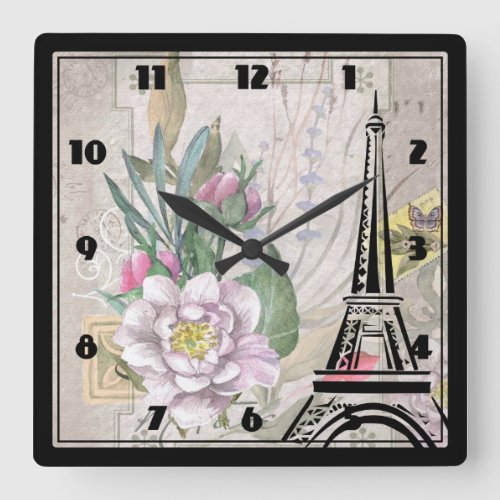 Vintage Flowers Collage and Eiffel Tower Drawing Square Wall Clock