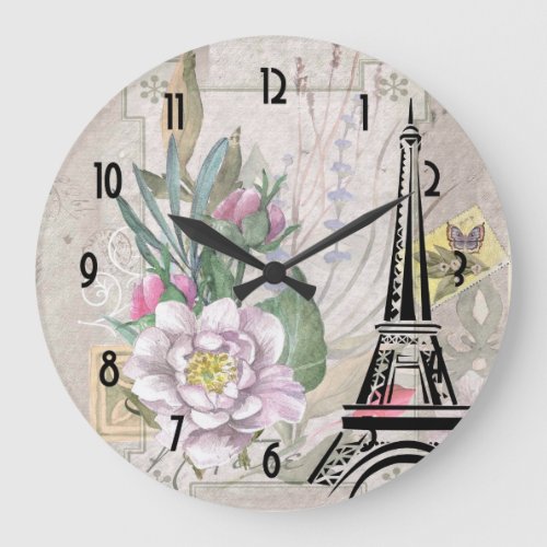 Vintage Flowers Collage and Eiffel Tower Illustrat Large Clock