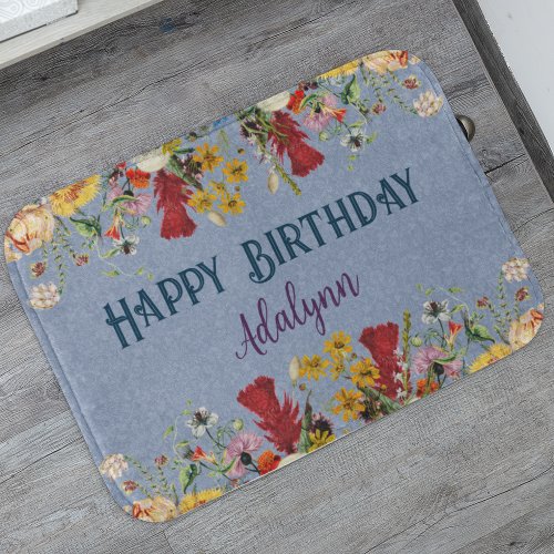 Vintage Flowers Custom Greeting Name Pastel Blue Bath Mat