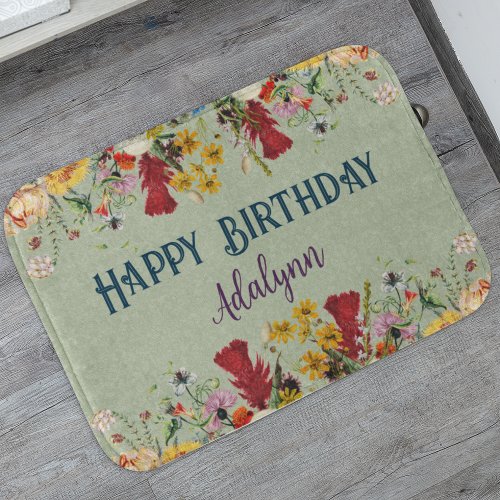 Vintage Flowers Custom Greeting Name Pastel Green Bath Mat