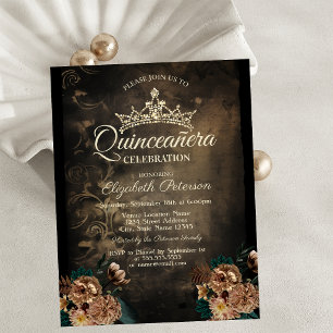 Vintage Flowers Damask Dark Gothic Quinceañera Invitation