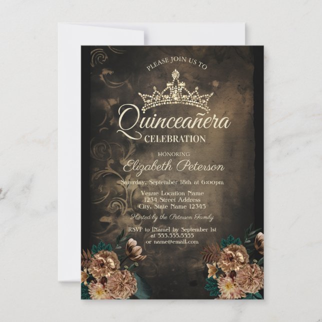 Vintage Flowers Damask Dark Gothic Quinceañera  Invitation (Front)