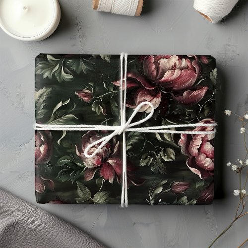 Vintage Flowers Dark Floral Baroque Fine Art Wrapping Paper