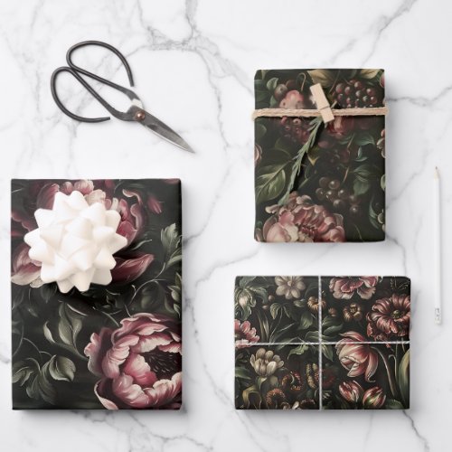 Vintage Flowers Dark Floral Fine Art Painting Wrapping Paper Sheets