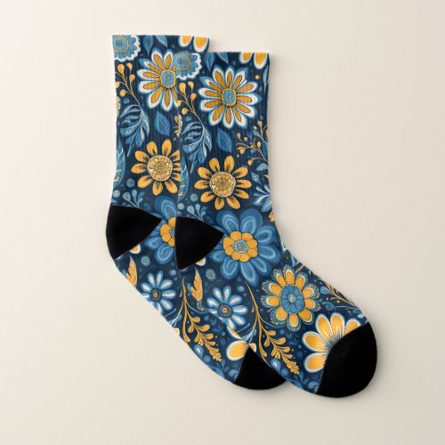 Vintage Flowers Design Hippie Retro Yellow Blue  Socks