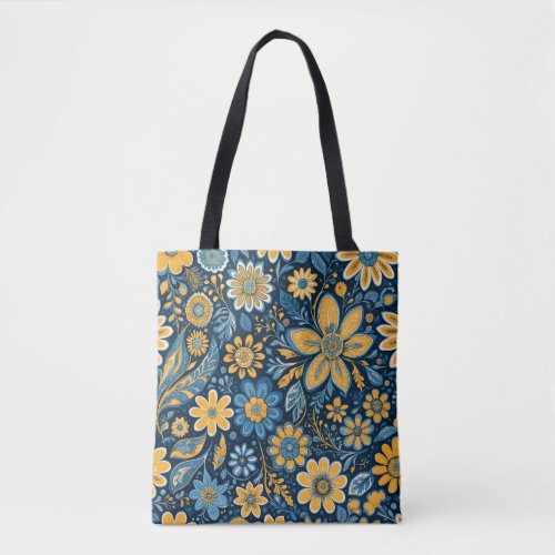 Vintage Flowers Design Hippie Retro Yellow Blue  Tote Bag