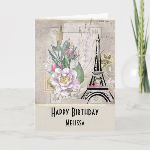 Vintage Flowers Eiffel Tower and Burlap Birthday Card