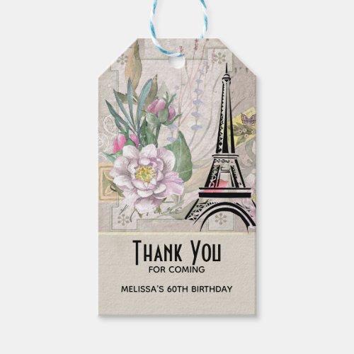 Vintage Flowers Eiffel Tower and Burlap Birthday Gift Tags