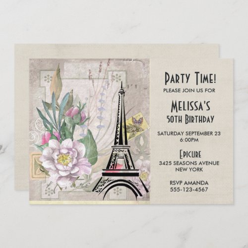 Vintage Flowers Eiffel Tower and Burlap Birthday Invitation
