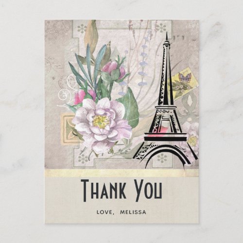 Vintage Flowers Eiffel Tower and Burlap Thank You Postcard