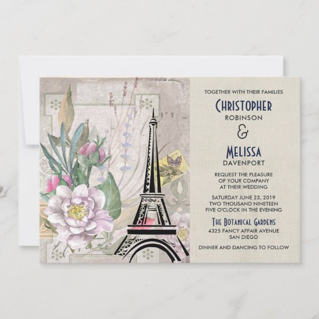 Vintage Flowers, Eiffel Tower and Burlap Wedding Invitation (Front)