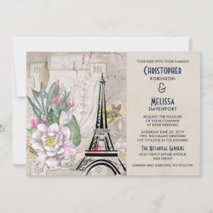Vintage Flowers, Eiffel Tower and Burlap Wedding Invitation