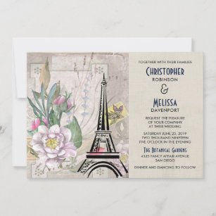 Vintage Flowers, Eiffel Tower and Burlap Wedding Invitation