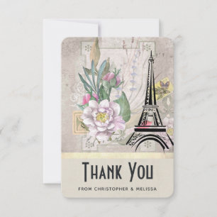 Vintage Flowers, Eiffel Tower and Burlap Wedding Thank You Card