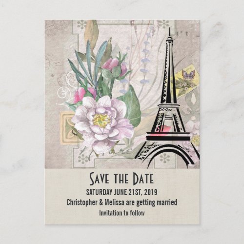 Vintage Flowers Eiffel Tower Save the Date Postcard