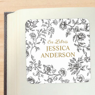 Vintage Flowers Floral Ex Libris Black Bookplate