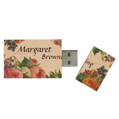 Vintage Flowers Floral Garden Personalize USB  Wood Flash Drive
