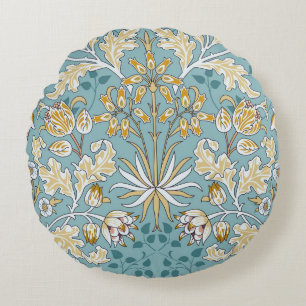 Vintage flowers, foliage seamless light blue patte round pillow