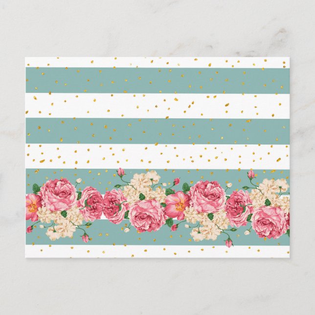 Vintage flowers gold faux glitter dots stripes postcard (Front)