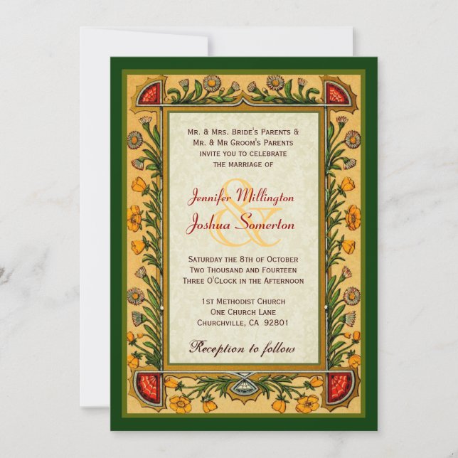 Vintage Flowers Gold Red Green Wedding W751 Invitation (Front)