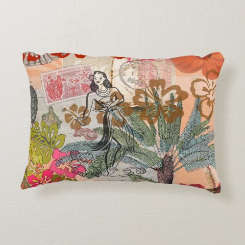Vintage Flowers Hula Colorful Hawaiian Tropical Accent Pillow