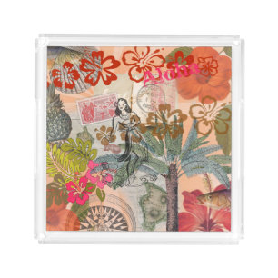Vintage Flowers Hula Colorful Hawaiian Tropical Acrylic Tray
