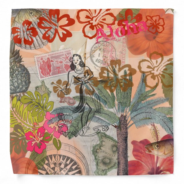 Vintage Flowers Hula Colorful Hawaiian Tropical  Bandana (Front)